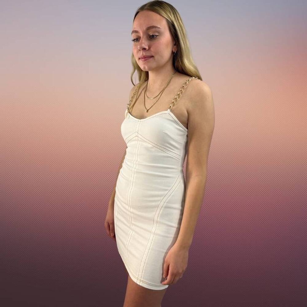 Blue Blush Bodycon White Mini Dress with Gold Chain Straps